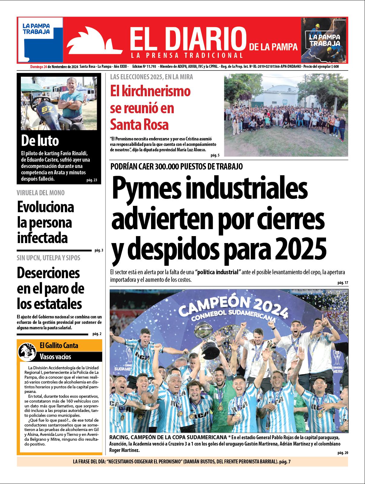 Tapa de El Diario en papel  domingo 24 de noviembre de 2024